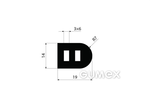 "D" Gummiprofil mit 2 Löcher, 14x19/R7mm, 60°ShA, SBR, -40°C/+70°C, schwarz, 